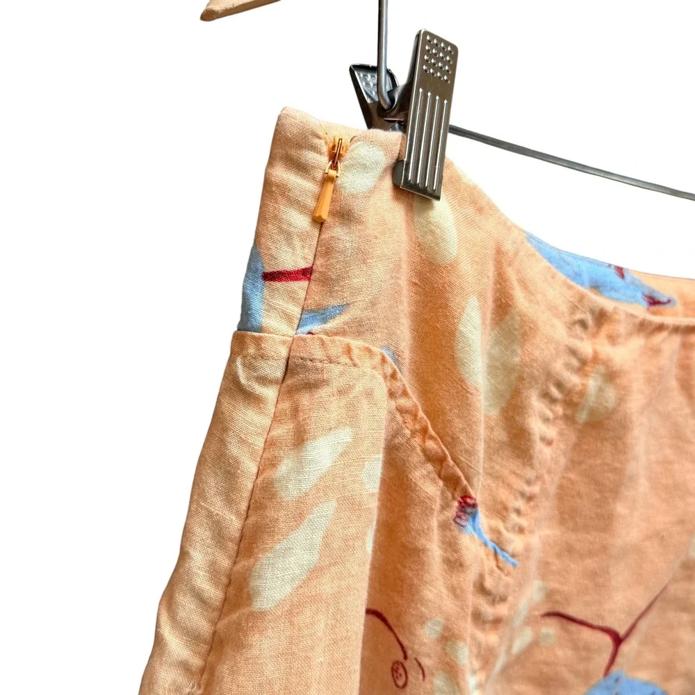 Meadow Rue Skirt Womens 6 Orange Bird Print Linen A-Line Midi Anthropologie Boho